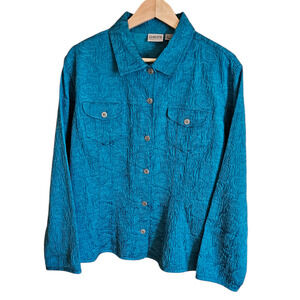 Chico's Women's Teal Blue Textured Rose Floral Button Down Shirt Jacket Size 3